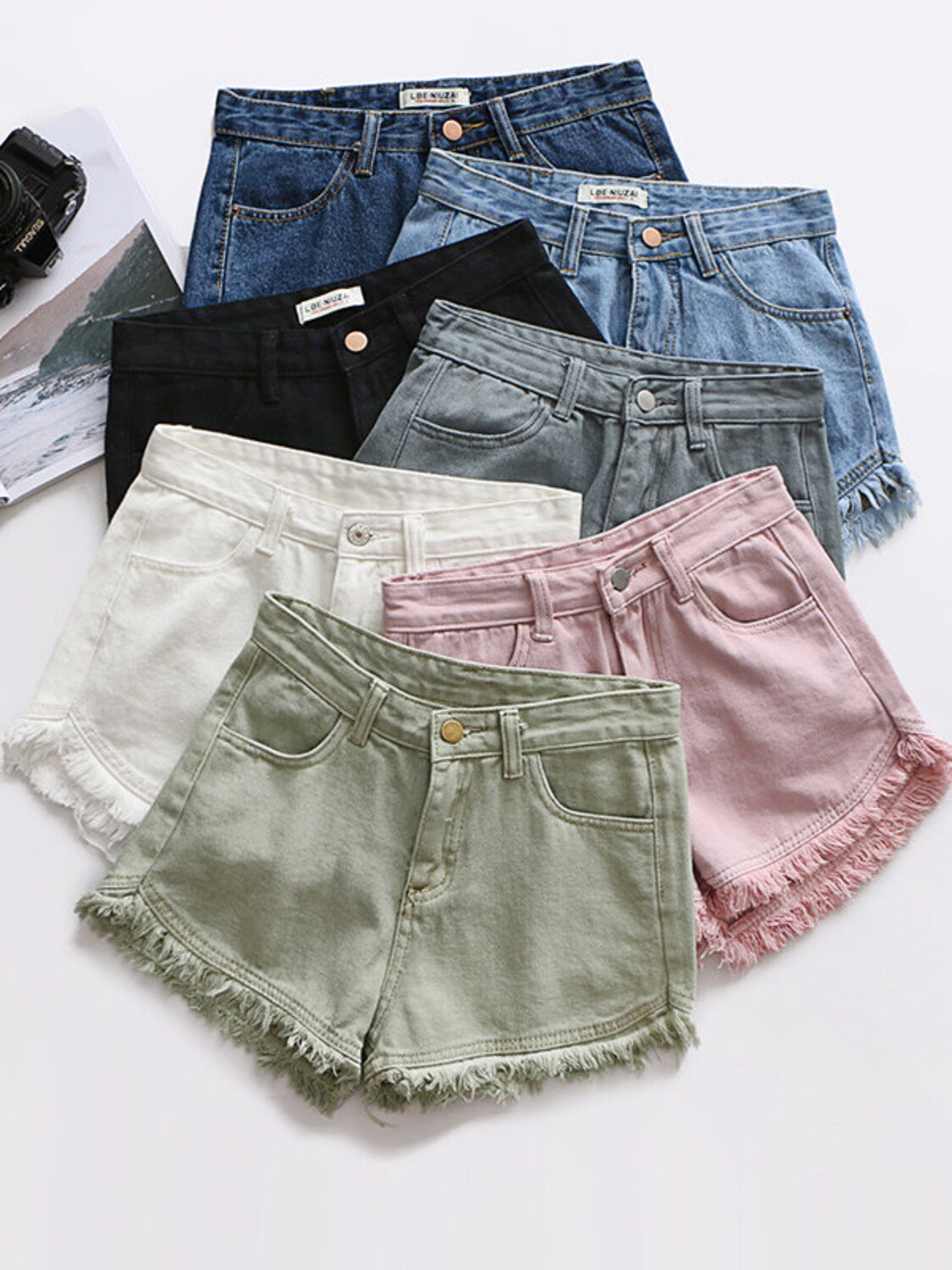 Dames denim shorts met hoge ta - Shorts Denim Frayed recensie en prijs