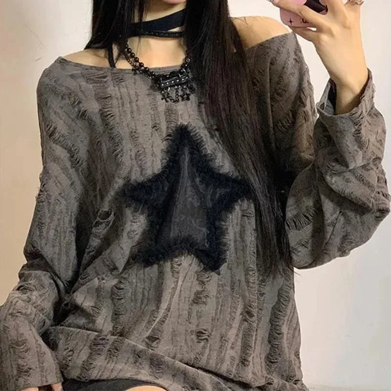 Y2K Gat Sterrenprint T-shirt V - Blouse Off Shoulder recensie en prijs